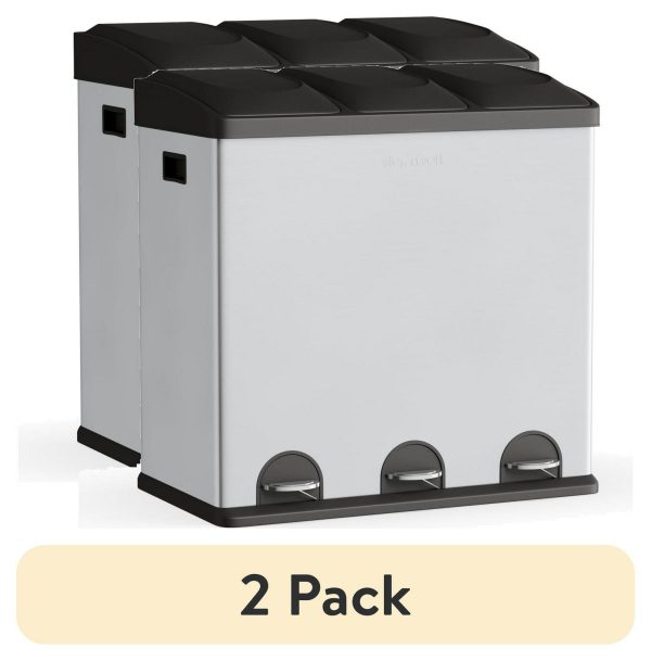 (2 pack) Step N' Sort 3-Compartment Stainless Steel Kitchen Trash and Recycling Bin, 16 gal