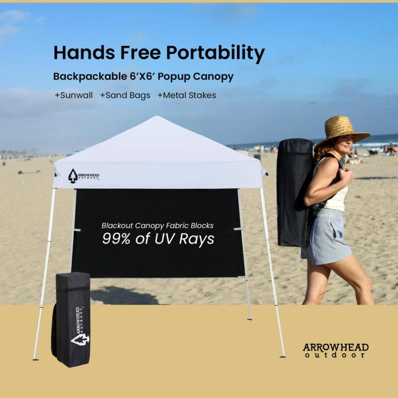 ARROWHEAD OUTDOOR Backpack Pop-up Canopy with Sunwall, Sand Bags, Guide Ropes, Ground Stakes, 6'x6' / 8'x8' Top to Bottom - White - Image 4
