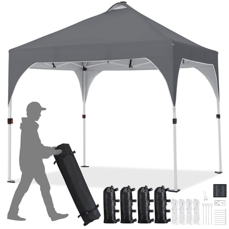 Alden Design 10 ft Pop-Up Canopy Tent W/ 17 Solar LED Lights Sandbags Roller bag for Outdoor, Dark Gray - Image 9
