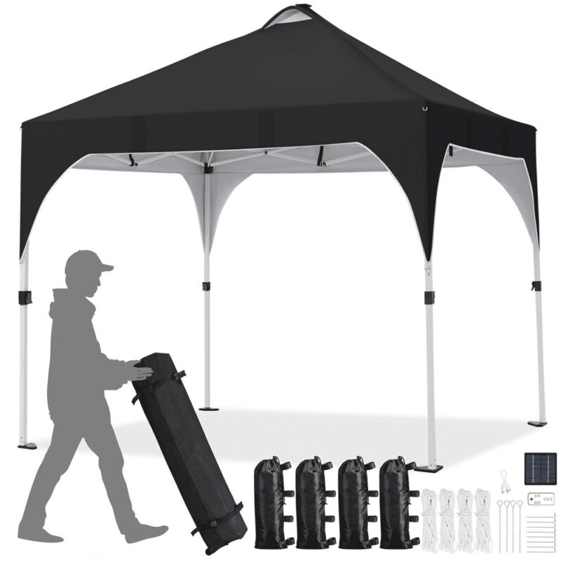 Alden Design 10 ft Pop-Up Canopy Tent W/ 17 Solar LED Lights Sandbags Roller bag for Outdoor, Black - Image 2