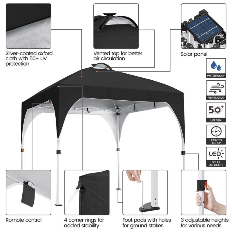 Alden Design 10 ft Pop-Up Canopy Tent W/ 17 Solar LED Lights Sandbags Roller bag for Outdoor, Black - Image 5