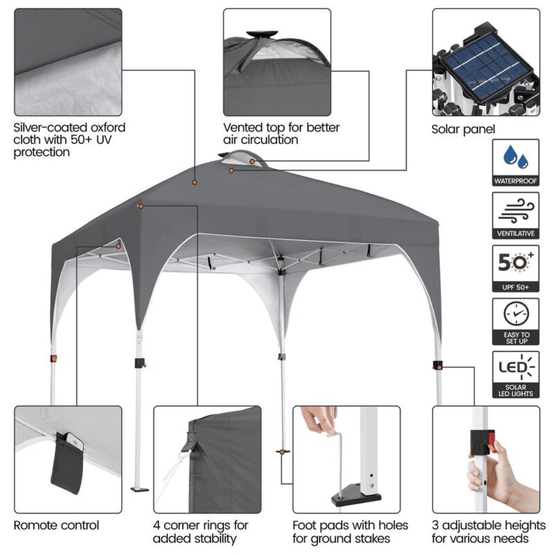 Alden Design 10 ft Pop-Up Canopy Tent W/ 17 Solar LED Lights Sandbags Roller bag for Outdoor, Dark Gray - Image 6