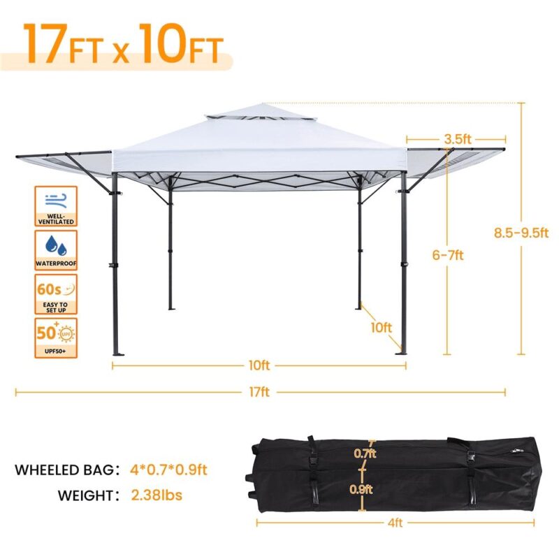 Alden Design 10x17 2-tiered Pop-up Gazebo Canopy with Tilt Angle-adjustable Double Awnings, White - Image 3