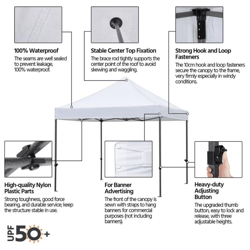 Alden Design Adjustable Pop-up Canopy Heavy Duty Waterproof Gazebo Instant Tent with Wheeled Carry Bag Party Garden Wedding Camping Outdoor,White - Image 3