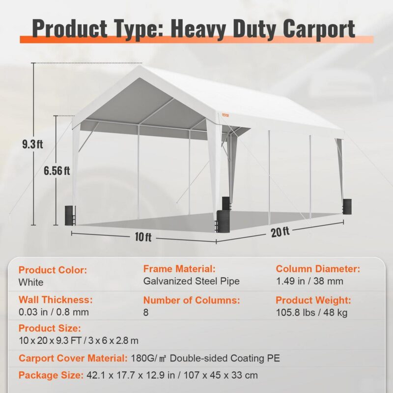 BENTISM Carport Car Canopy Garage Shelter Tent 10x20ft with 8 Poles for Auto Boats - Image 7