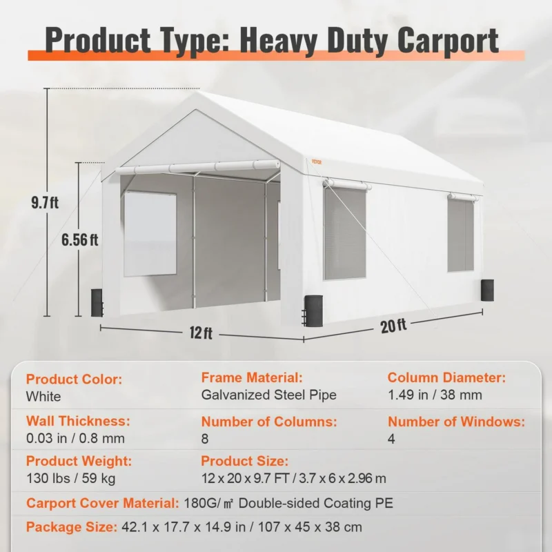 BENTISM Carport Car Canopy Garage Shelter 12x20ft and 8 Legs Sidewalls Windows - Image 7