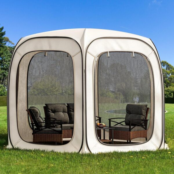 Dextrus 10x10ft Outdoor Pop Up Camping Tent with 6 Mesh Zipper Doors, Beige