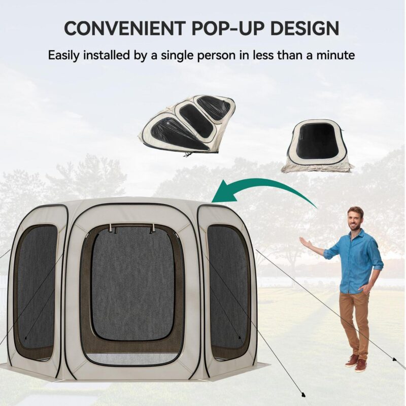 Dextrus 10x10ft Outdoor Pop Up Camping Tent with 6 Mesh Zipper Doors, Beige - Image 2