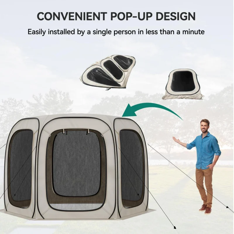Dextrus 10x10ft Outdoor Pop Up Camping Tent with 6 Mesh Zipper Doors, Beige - Image 2