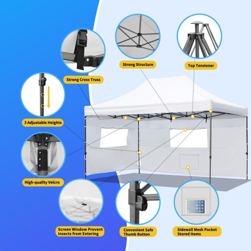 Euroco 10x15 Pop Up Canopy Tent, Heavy Duty Party Tent with 4 Sidewalls UV Waterproof Protection, 3 Height Adjustable Outdoor Canopy Tent for Weddings, Events, and Backyard Gatherings, Blue - Image 7