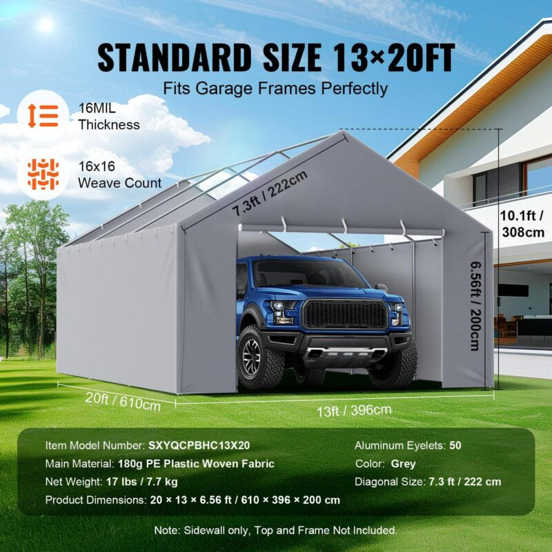 KFFKFF Canopy Cover for Carport Side Wall 13 x 20 ft, Sturdy Garage Shelter Tarp with High Water Resistance and UV Protection, Simple Set-Up using Ball Bungees, Grey (Excludes Top and Frame) - Image 3