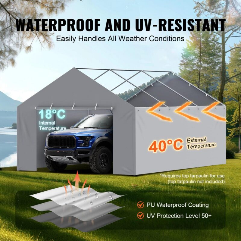 KFFKFF Canopy Cover for Carport Side Wall 13 x 20 ft, Sturdy Garage Shelter Tarp with High Water Resistance and UV Protection, Simple Set-Up using Ball Bungees, Grey (Excludes Top and Frame) - Image 5