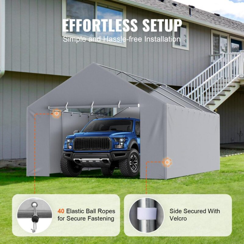 KFFKFF Canopy Cover for Carport Side Wall 13 x 20 ft, Sturdy Garage Shelter Tarp with High Water Resistance and UV Protection, Simple Set-Up using Ball Bungees, Grey (Excludes Top and Frame) - Image 7