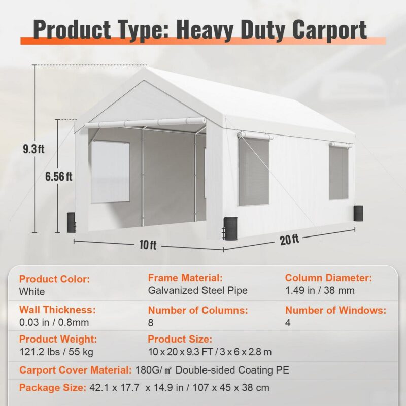 KFFKFF Carport Canopy Car Canopy 10 x 20 Feet and 8 Legs, Side Walls and Windows White - Image 7