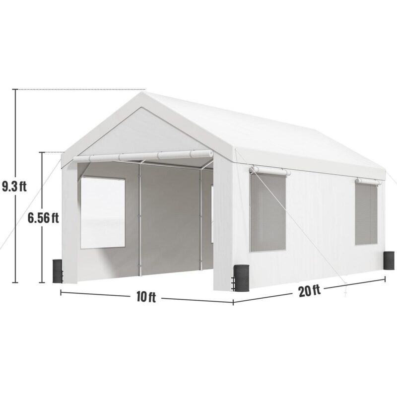 KFFKFF Carport Canopy Car Canopy 10 x 20 Feet and 8 Legs, Side Walls and Windows White - Image 8