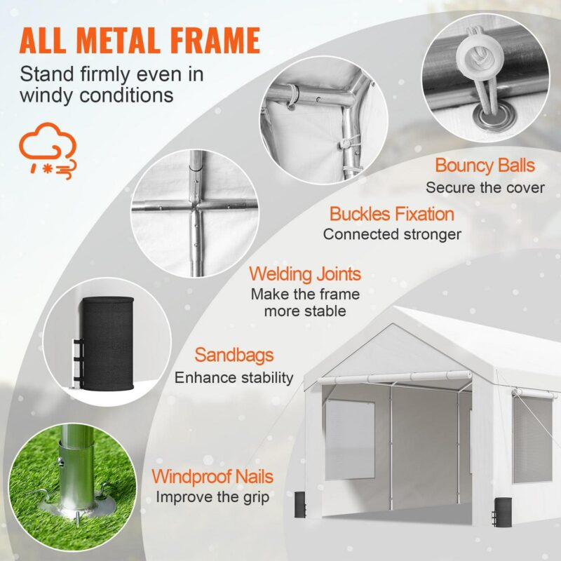 KFFKFF Carport Canopy Car Canopy 10 x 20 Feet and 8 Legs, Side Walls and Windows White - Image 5