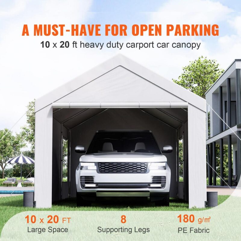 KFFKFF Carport Canopy Car Canopy 10 x 20 Feet and 8 Legs, Side Walls and Windows White - Image 2
