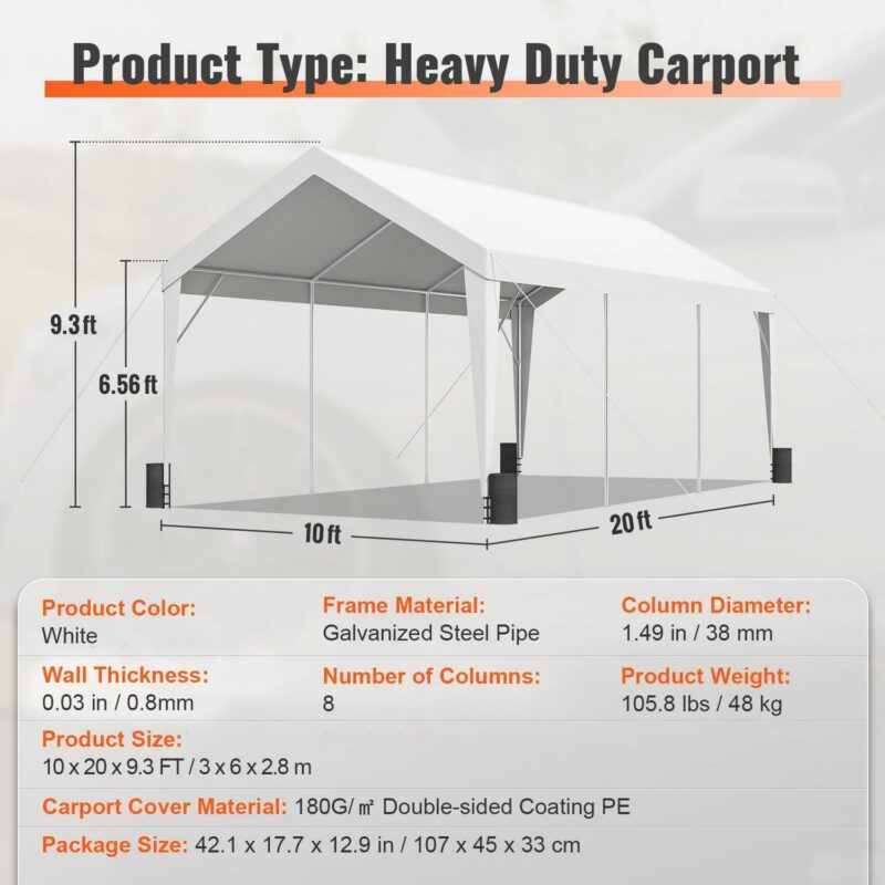 KFFKFF Carport Car Canopy Garage Shelter Tent 10x20ft with 8 poles for car boat - Image 7