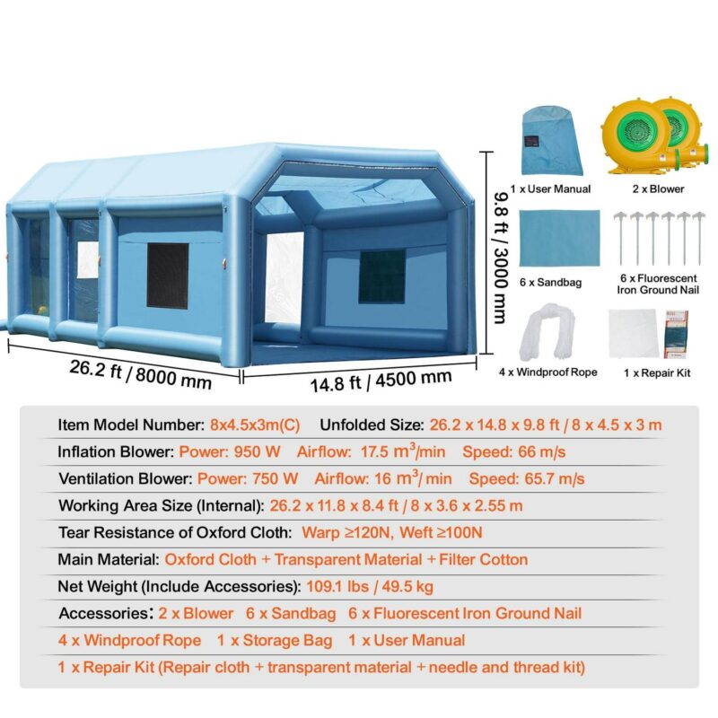 KFFKFF Inflatable Spray Shelter, Dimensions 26.2x14.8x9.8 ft, Includes Dual Blowers (950W+750W) and Filtration System, Ideal for Small Trucks, Large Motorcycles, Midsize SUVs - Image 7