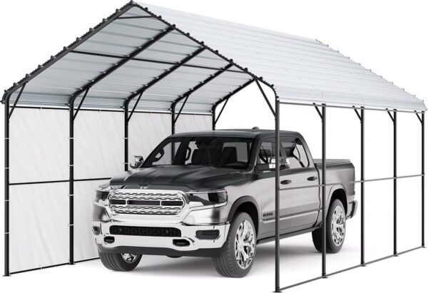 KFFKFF Sturdy Metal Carport, 12' x 20' Exterior Carport with Zinc-Coated Steel Frame and Roof, Vehicle Tent Garage Canopy with Detachable Sidewalls, Versatile Vehicle Housing for Pickup, Boat, Car
