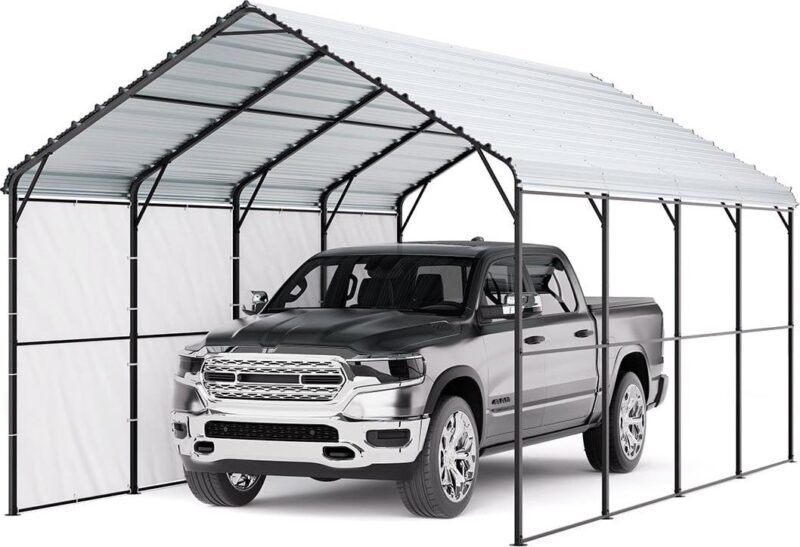 KFFKFF Sturdy Metal Carport, 12' x 20' Exterior Carport with Zinc-Coated Steel Frame and Roof, Vehicle Tent Garage Canopy with Detachable Sidewalls, Versatile Vehicle Housing for Pickup, Boat, Car