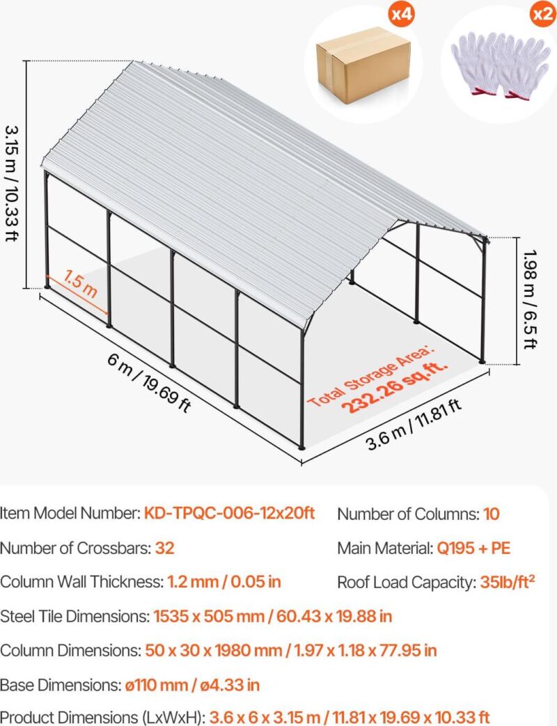 KFFKFF Sturdy Metal Carport, 12' x 20' Exterior Carport with Zinc-Coated Steel Frame and Roof, Vehicle Tent Garage Canopy with Detachable Sidewalls, Versatile Vehicle Housing for Pickup, Boat, Car - Image 7