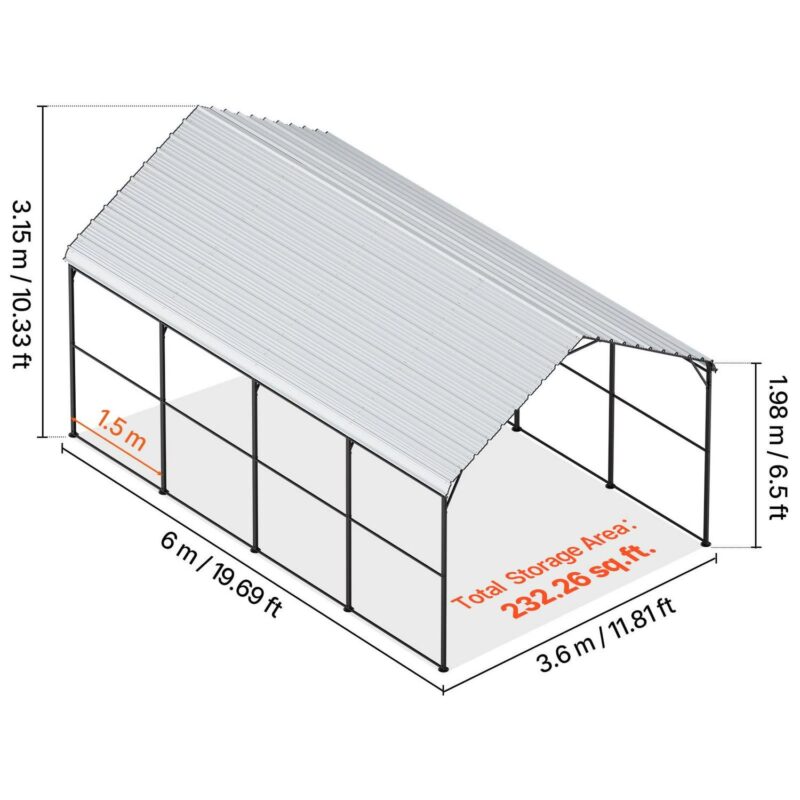 KFFKFF Sturdy Metal Carport, 12' x 20' Exterior Carport with Zinc-Coated Steel Frame and Roof, Vehicle Tent Garage Canopy with Detachable Sidewalls, Versatile Vehicle Housing for Pickup, Boat, Car - Image 3