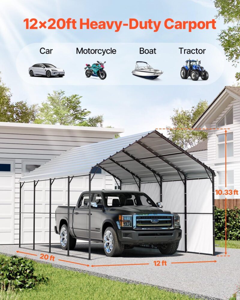 KFFKFF Sturdy Metal Carport, 12' x 20' Exterior Carport with Zinc-Coated Steel Frame and Roof, Vehicle Tent Garage Canopy with Detachable Sidewalls, Versatile Vehicle Housing for Pickup, Boat, Car - Image 5