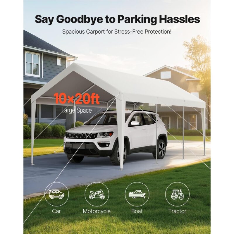 KFFKFF Vehicle Shelter, 10 x 20 FT Exterior Vehicle Cover, Movable Shelter, Robust Galvanized Vehicle Protection, Resistant to UV and Water, Year-Round Guard, Storage Unit for Car, Boat, Motorcycle - Image 3