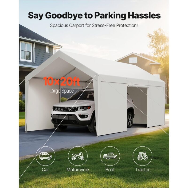 KFFKFF Vehicle Shelter, 10 x 20 FT Exterior Vehicle Cover, Movable Shelter with Detachable Sides and Entrance, Robust Vehicle Protection, UV-Proof and Water-Proof, Year-Round Defense for Car Boat White - Image 4