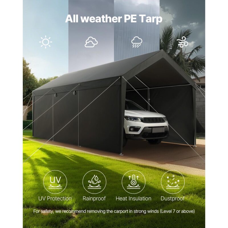 KFFKFF Vehicle Shelter, 12 x 20 FT Exterior Vehicle Cover, Transportable Shelter with Detachable Sides and Entrance, Robust Vehicle Protection, UV-Shielded and Water-Repellent, Year-Round Defense - Image 5