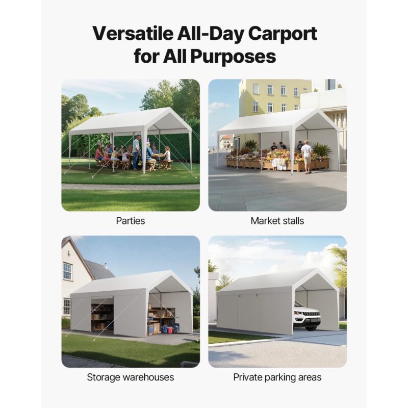KFFKFF Vehicle Shelter, 10 x 20 FT Exterior Vehicle Cover, Movable Shelter with Detachable Sides and Entrance, Robust Vehicle Protection, UV-Proof and Water-Proof, Year-Round Defense for Car Boat White - Image 5