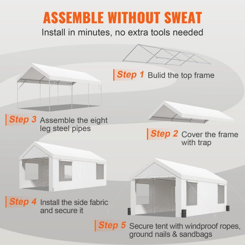 KFFKFF Vehicle Shelter, Robust 10x20ft Vehicle Cover, Exterior Parking Protection with Detachable Panels, Elevating Ventilated Windows and Doors, Sunlight Protective Tarp for Car, Truck, Boat, White - Image 3