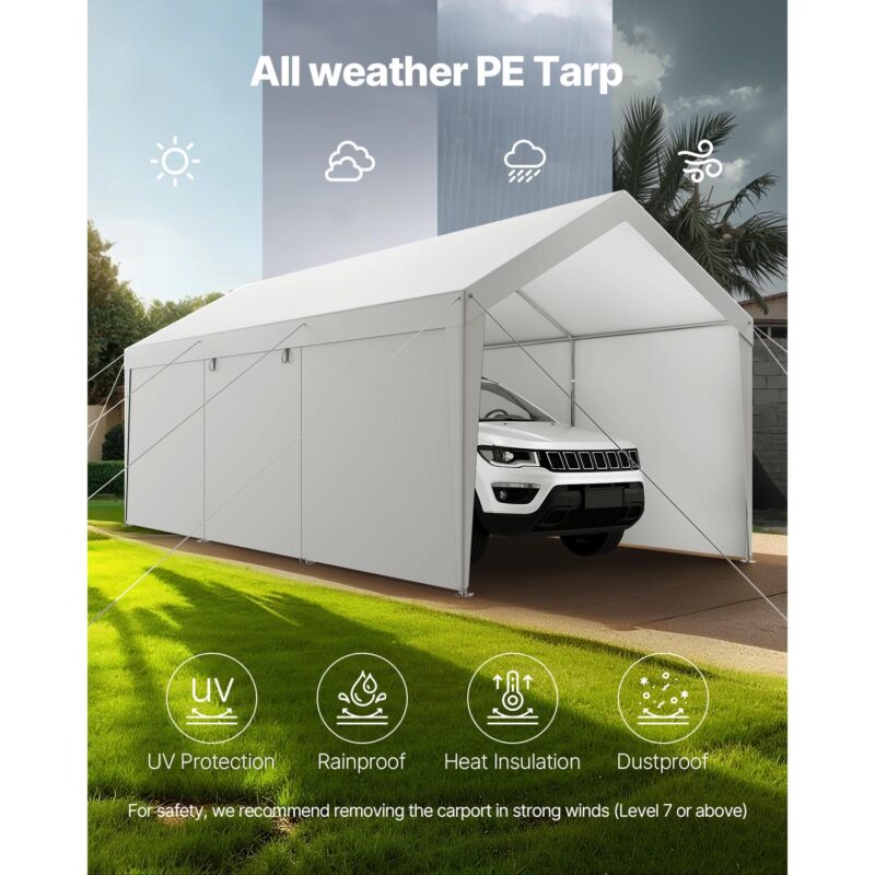 KFFKFF Vehicle Shelter, 10 x 20 FT Exterior Vehicle Cover, Movable Shelter with Detachable Sides and Entrance, Robust Vehicle Protection, UV-Proof and Water-Proof, Year-Round Defense for Car Boat White - Image 6