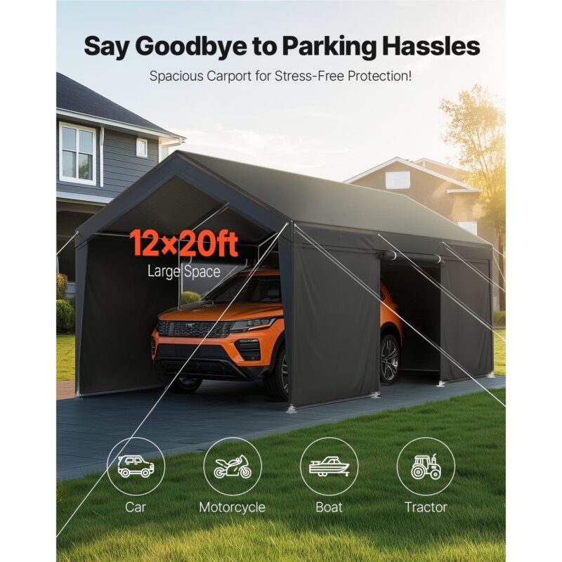 KFFKFF Vehicle Shelter, 12 x 20 FT Exterior Vehicle Cover, Transportable Shelter with Detachable Sides and Entrance, Robust Vehicle Protection, UV-Shielded and Water-Repellent, Year-Round Defense - Image 4
