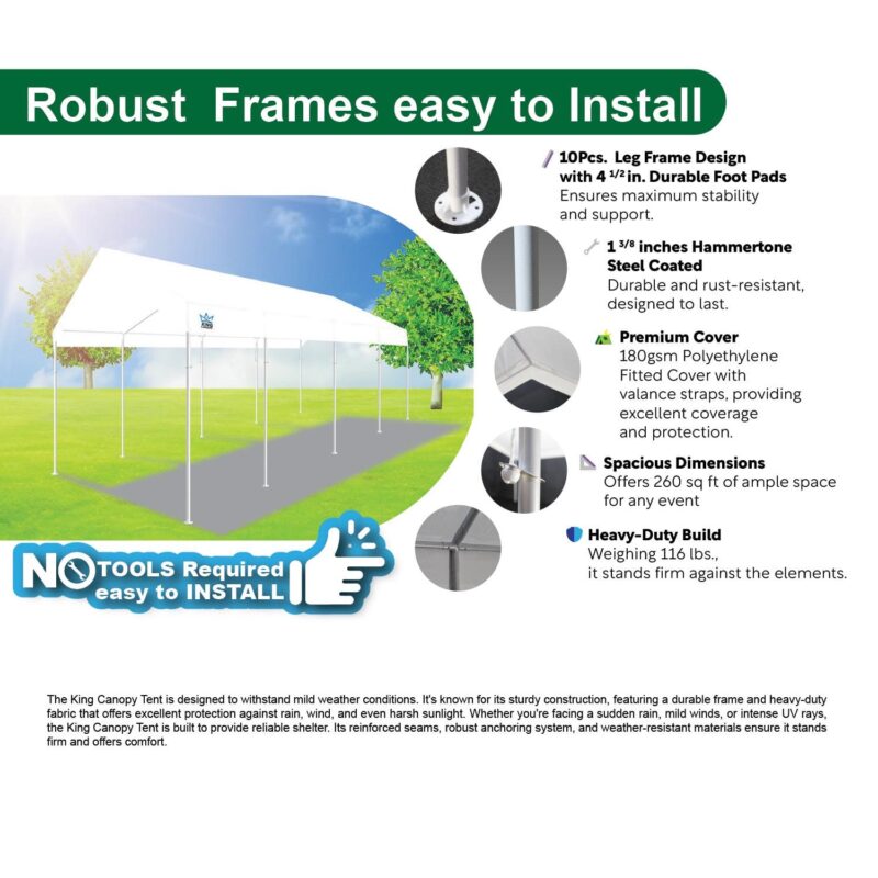 King Canopy Universal 10ft x 27ft, 1 3/8-inch Powder Coated Steel Frame, 10 Leg, 180gsm Polyethylene White Cover - Image 4