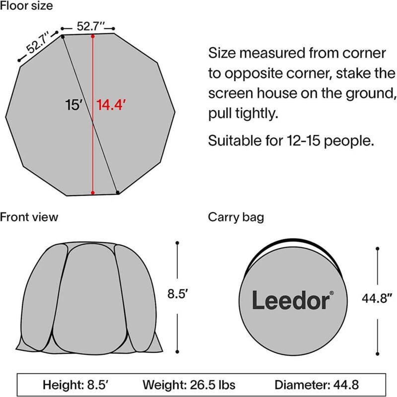 Leedor Screen House Room Pop Up Camping Canopy Instant Shelter 15'X15'X8.5' Gray - Image 3