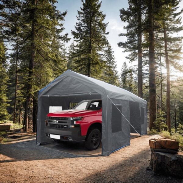 Miniyam Outdoor Carport, 10'x20' Heavy Duty Carport with Roll-up Ventilated Windows, Portable Garage with Removable Sidewalls and Doors for Car, Truck, Gray