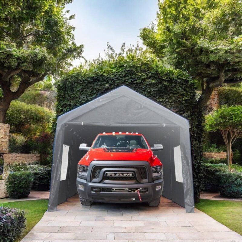 Miniyam Outdoor Carport, 10'x20' Heavy Duty Carport with Roll-up Ventilated Windows, Portable Garage with Removable Sidewalls and Doors for Car, Truck, Gray - Image 2