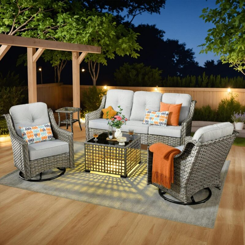 Ovios 5 Pieces Outdoor Patio Furniture Set High-Back Rattan Wicker Conversation Set Outdoor Sectional with Swivel Chairs and Solar Light Coffee Table, Grey - Image 9