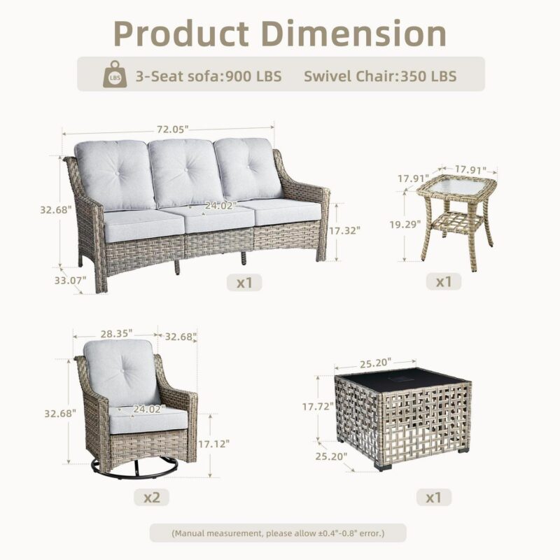 Ovios 5 Pieces Outdoor Patio Furniture Set High-Back Rattan Wicker Conversation Set Outdoor Sectional with Swivel Chairs and Solar Light Coffee Table, Grey - Image 3
