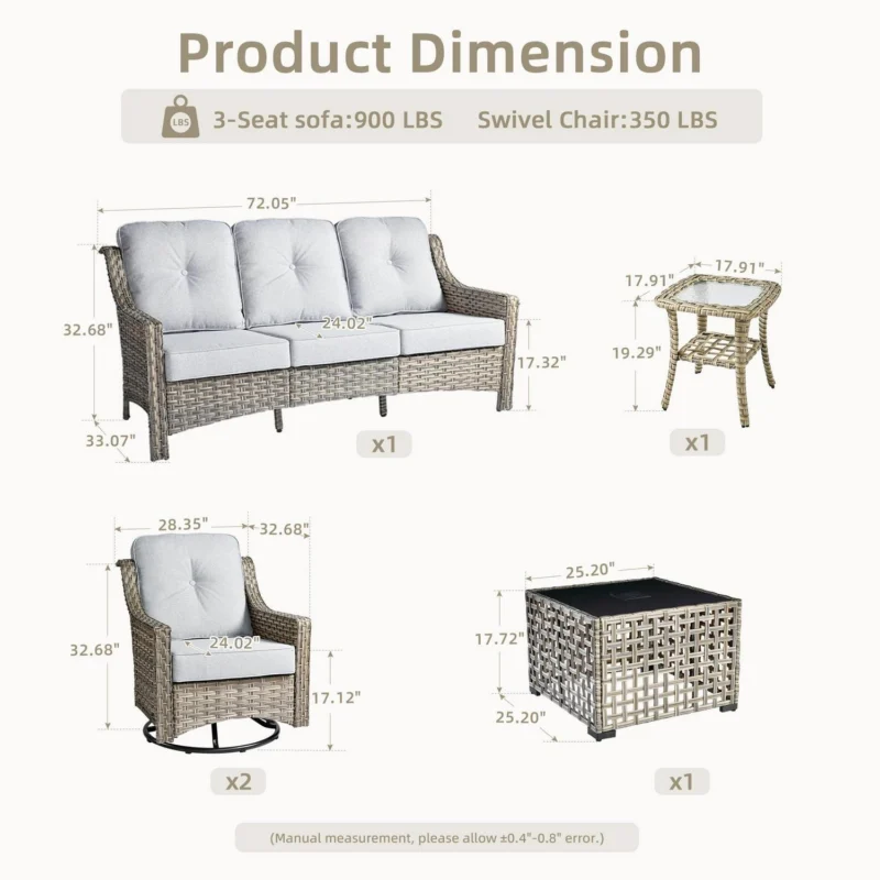 Ovios 5 Pieces Outdoor Patio Furniture Set High-Back Rattan Wicker Conversation Set Outdoor Sectional with Swivel Chairs and Solar Light Coffee Table, Grey - Image 3