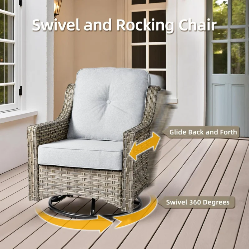 Ovios 5 Pieces Outdoor Patio Furniture Set High-Back Rattan Wicker Conversation Set Outdoor Sectional with Swivel Chairs and Solar Light Coffee Table, Grey - Image 7