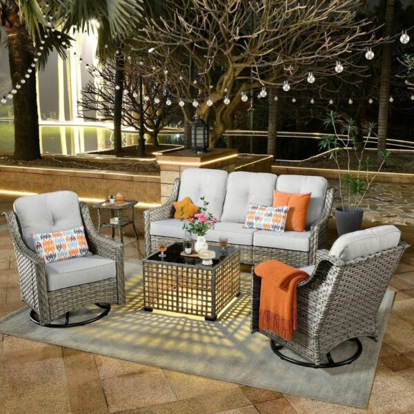 Ovios 5 Pieces Outdoor Patio Furniture Set High-Back Rattan Wicker Conversation Set Outdoor Sectional with Swivel Chairs and Solar Light Coffee Table, Grey