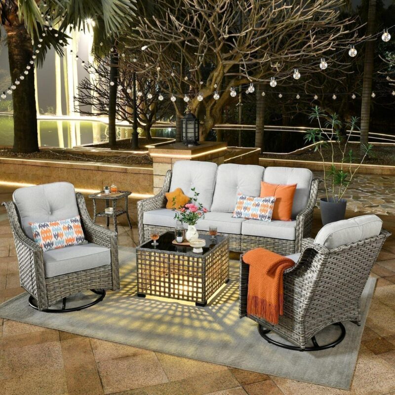 Ovios 5 Pieces Outdoor Patio Furniture Set High-Back Rattan Wicker Conversation Set Outdoor Sectional with Swivel Chairs and Solar Light Coffee Table, Grey
