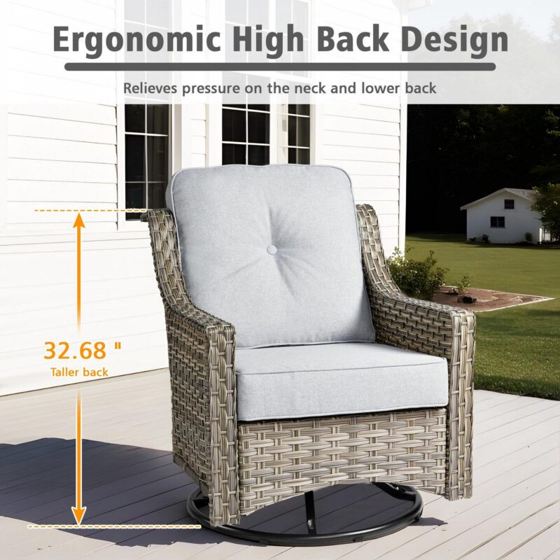 Ovios 5 Pieces Outdoor Patio Furniture Set High-Back Rattan Wicker Conversation Set Outdoor Sectional with Swivel Chairs and Solar Light Coffee Table, Grey - Image 4
