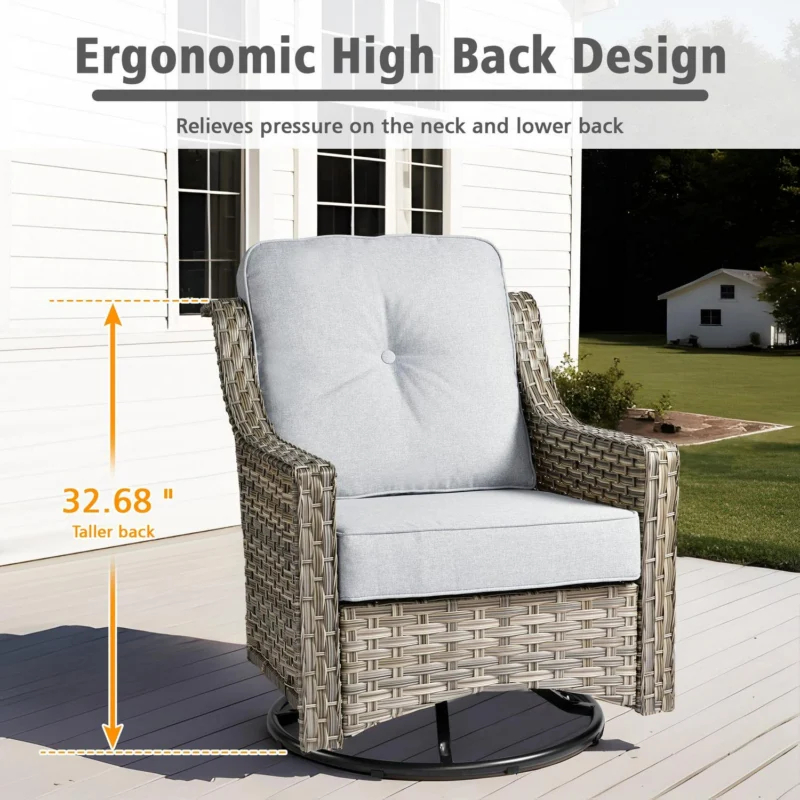 Ovios 5 Pieces Outdoor Patio Furniture Set High-Back Rattan Wicker Conversation Set Outdoor Sectional with Swivel Chairs and Solar Light Coffee Table, Grey - Image 4