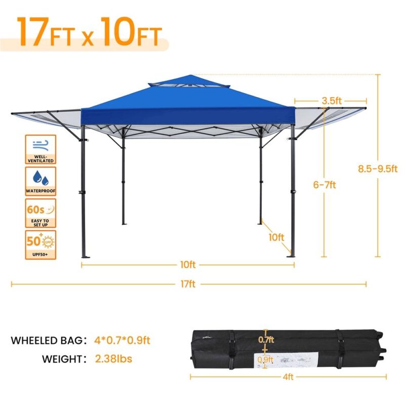 Renwick 10 A 17 ft Pop-up Canopy Tent w/ Side Awnings and One-handed Setup, Blue - Image 4