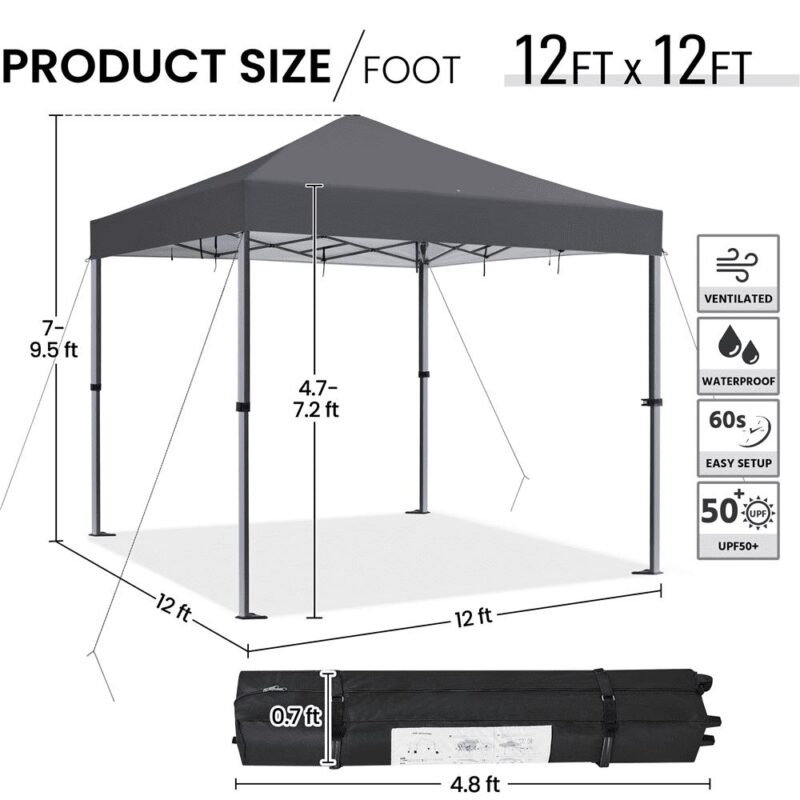 Renwick 12x12 Ft Instant Pop Up Canopy with One Push To Lock Setup Mechanism, Dark Gray - Image 11