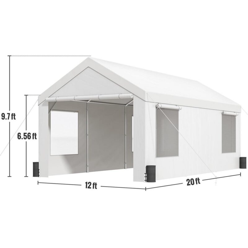 SKYSHALO 12ft x 20ft White Outdoor Car Canopy, Side Wall and UV Resistant - Image 8